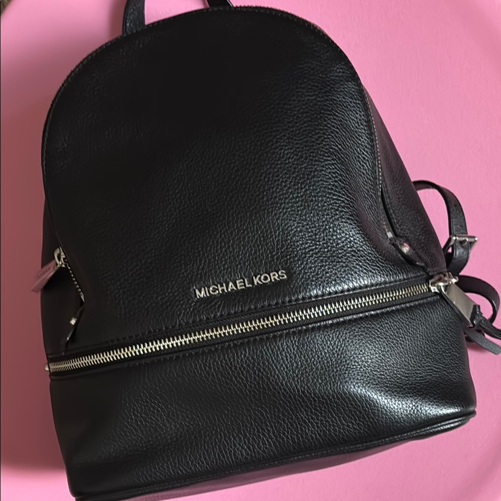 Michael Kors Black Leather Backpack with Silver Accents
